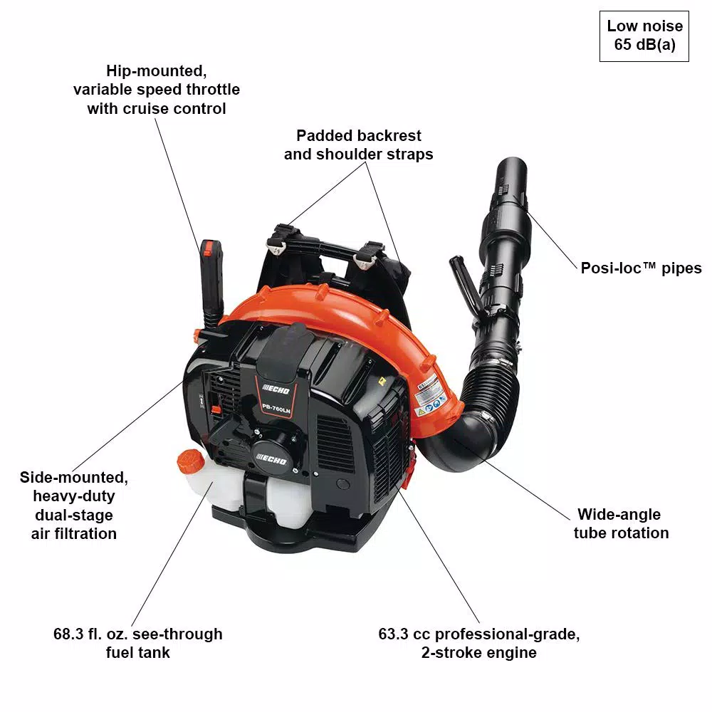 ECHO PB-760LNH 63.3 cc Gas Backpack Leaf Blower, 535 CFM, 214 MPH