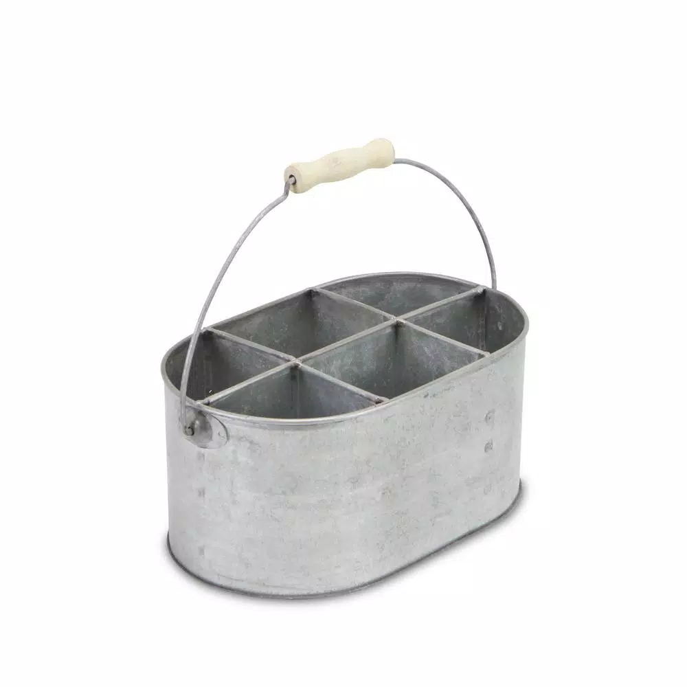 Cheungs Metal Gray Galvanized Steel Utensil Holder with Wood Grip Swivel Handle, 6-Slot Oval Caddy