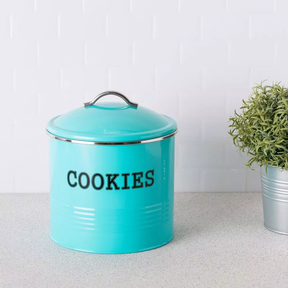 Home Basics Vintage Style Blue Tin Cookie Jar - 14.2 oz Metal Food Storage Container
