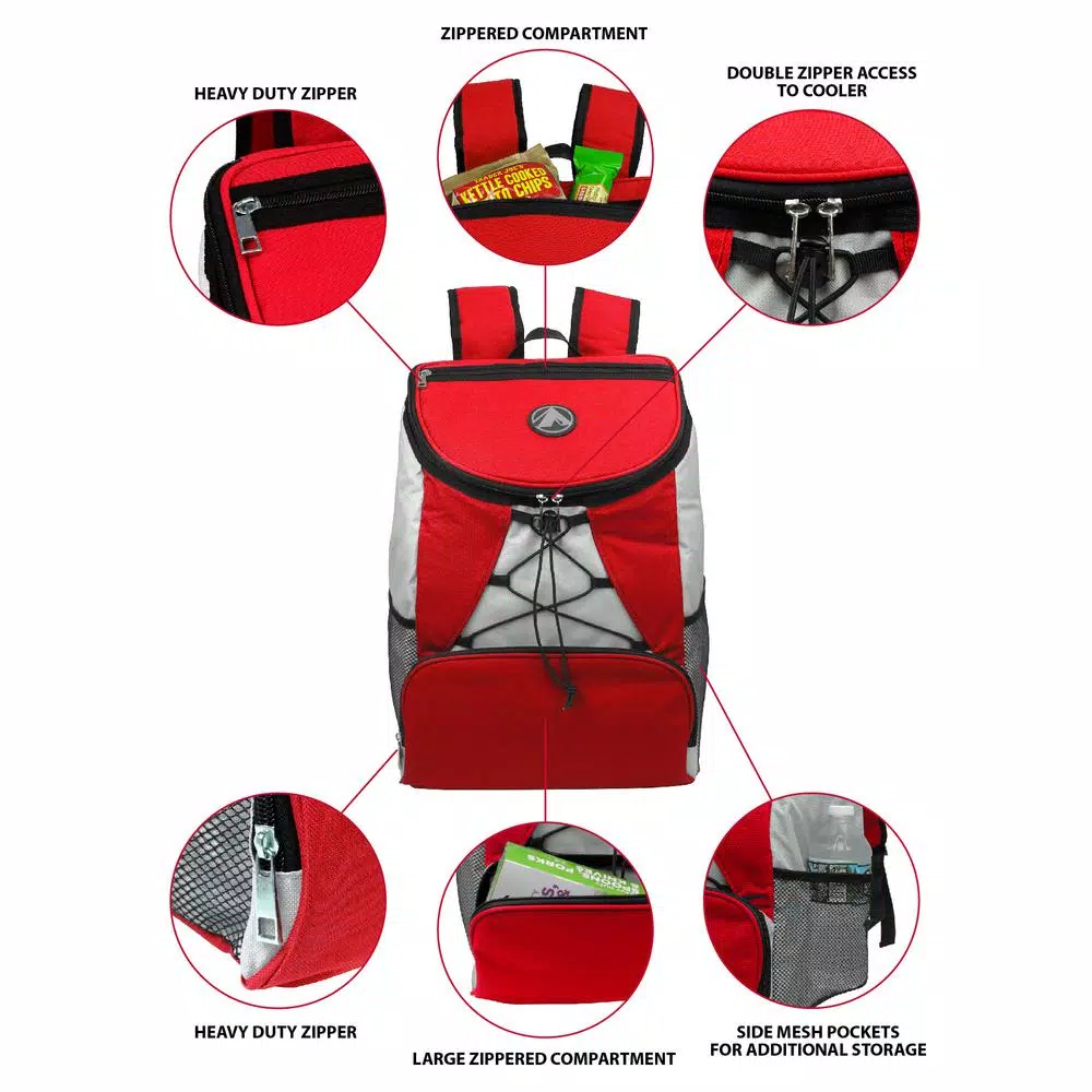 GigaTent Red 4-Pocket Insulated Cargo Backpack Soft Cooler, Leak-Proof 2qt Capacity