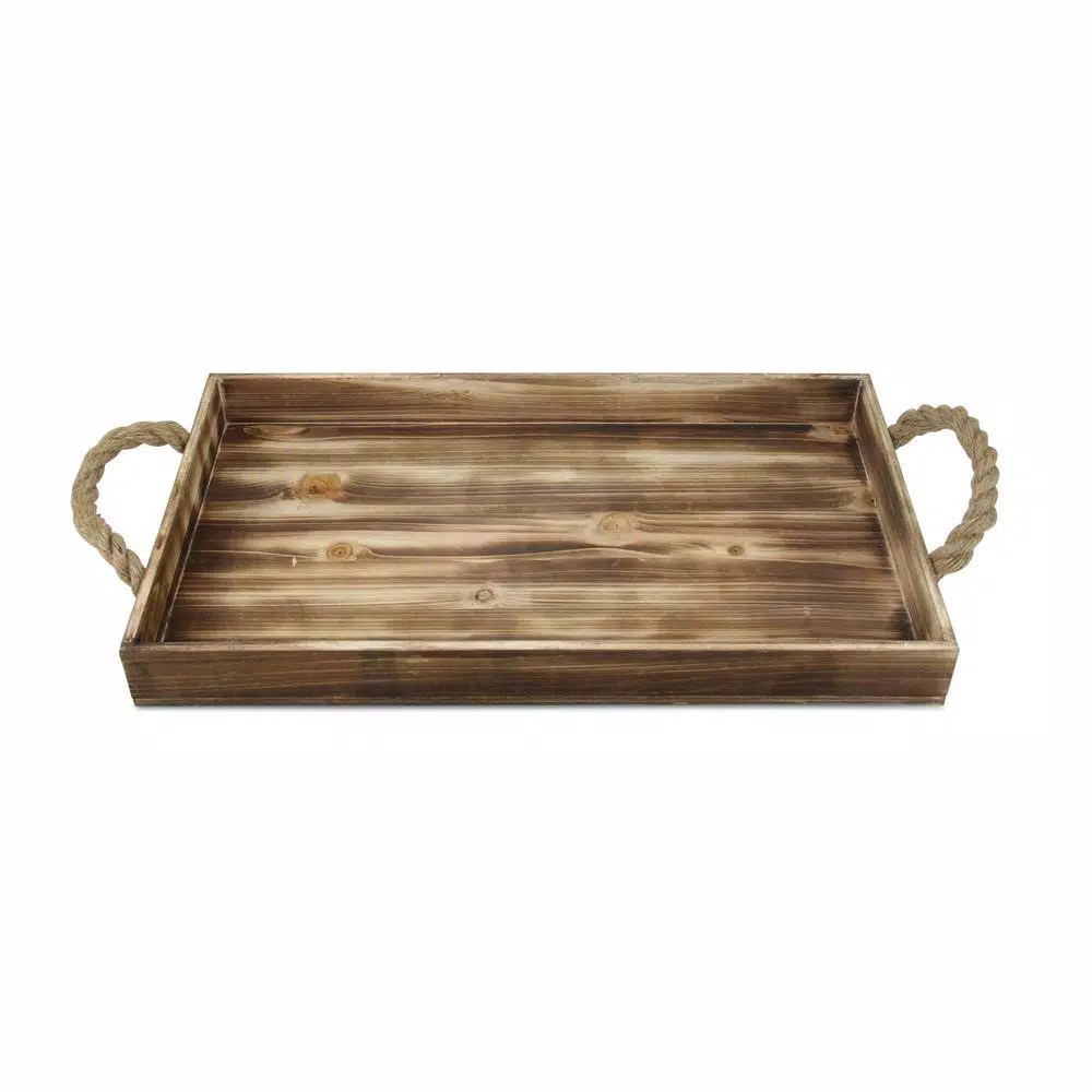 Cheungs Natural Wood Rectangular Decorative Tray with Rope Side Handles - Farmhouse Style