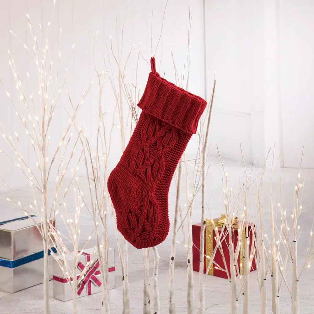 Glitzhome 22 in. Red Knitted Chenille Polyester Christmas Stocking