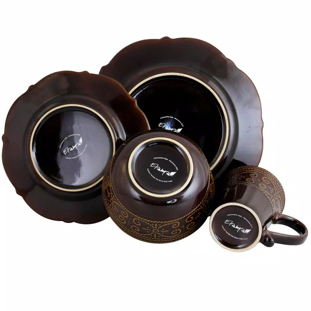 Elama Salia 16-Piece Brown Stoneware Dinnerware Set, Service for 4