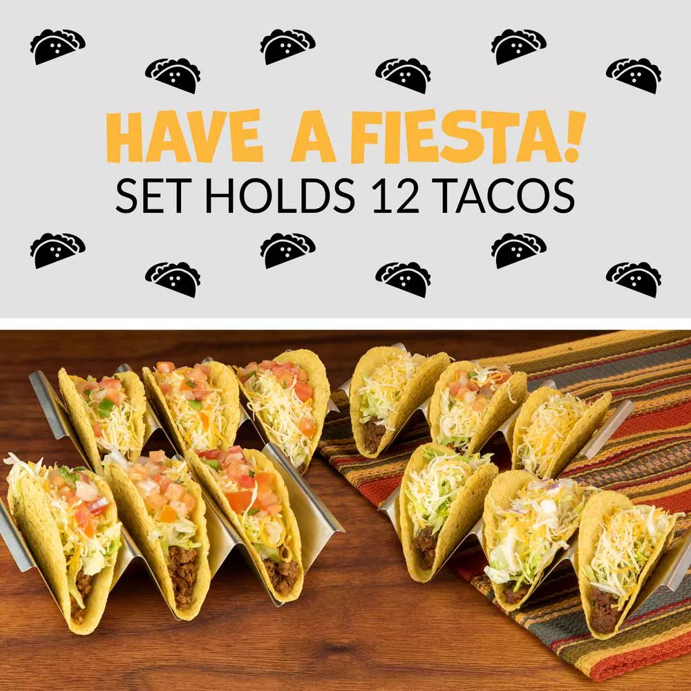 TACO TUESDAY Stainless Steel Rectangular Taco Holder Trays, 8.25 in. (Set of 4)