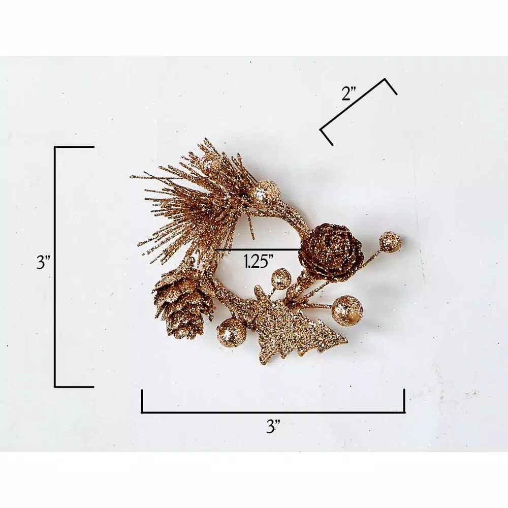 WORTH IMPORTS 1.25" Glitter Champagne Christmas Candle Rings with Pinecone and Tree Accents (Set of 12)