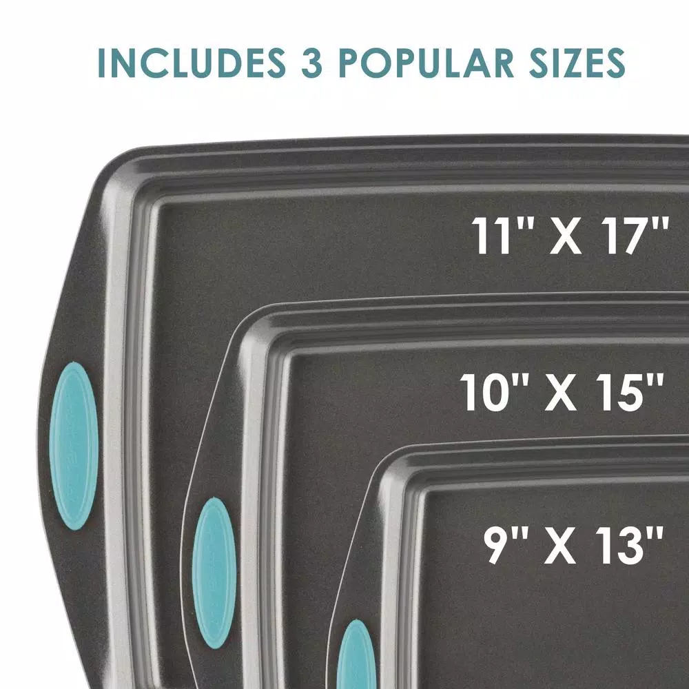 Rachael Ray 3-Piece Nonstick Steel Cookie Pan Set with Agave Blue Silicone Grips, Gray