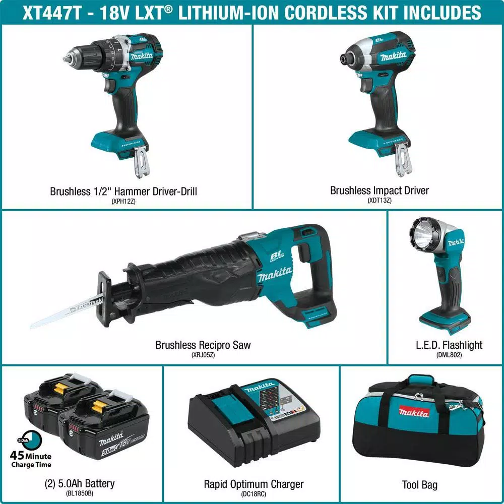 Makita 18V LXT Brushless Cordless Combo Kit - Hammer Drill, Impact Driver, Recip Saw & Flashlight (4-Piece)