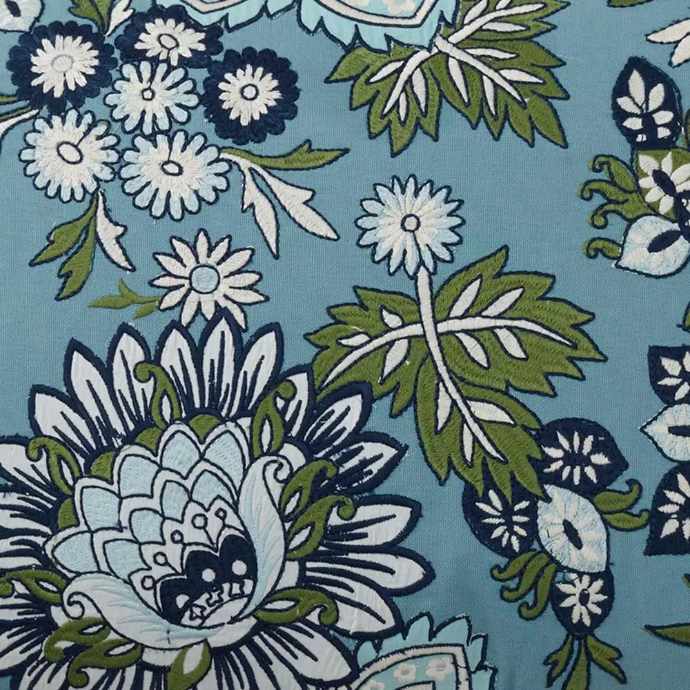 The Company Store Embroidered Blue Floral Jacobean Crewel Cotton Throw Pillow Cover, 16 x 24 in.