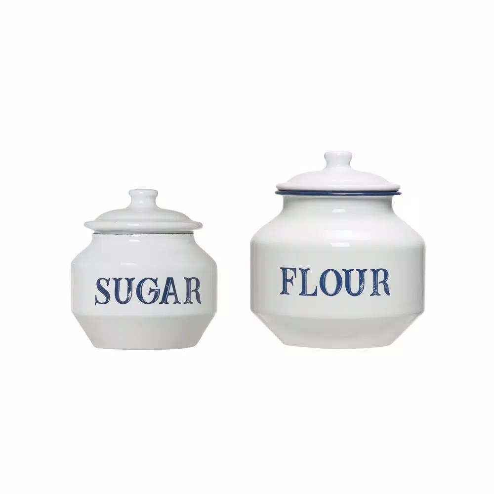3R Studios Enameled Metal Flour Canister with Lid, Blue and White Classic Kitchen Storage