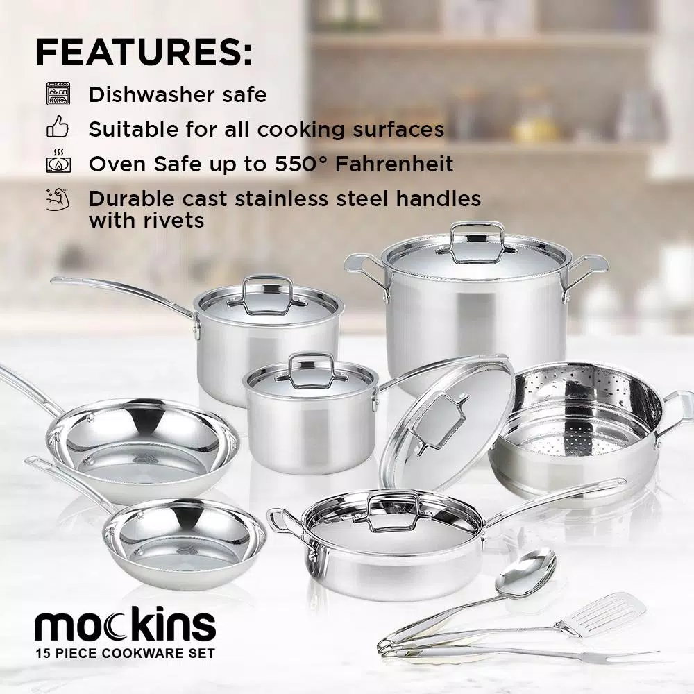 Mockins 15-Piece Tri-Ply Stainless Steel Cookware Set with Lids