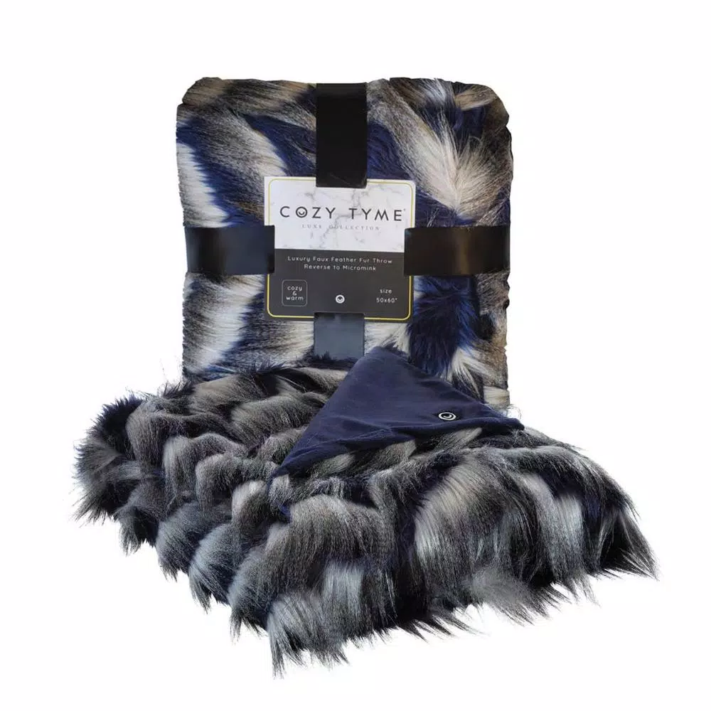 Unbranded Caron Navy Reversible Faux Fur and Micromink Throw Blanket, 50 in. x 60 in.
