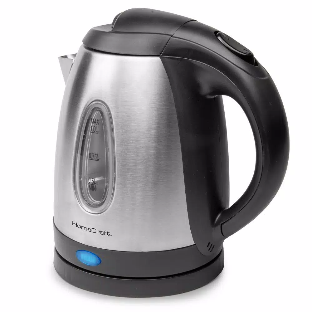 HomeCraft 1-Liter Stainless Steel Electric Kettle, 1500W Rapid Boil, 4-Cup Cordless Water Boiler