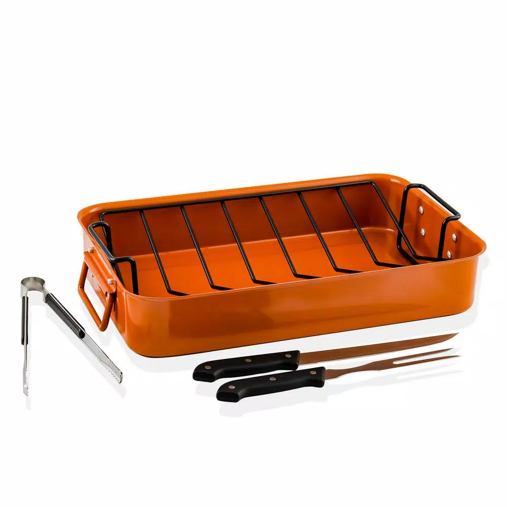 Ovente 5.5 Qt. Non-Stick Roasting Pan with Carving Set and V-Shaped Rack, Copper