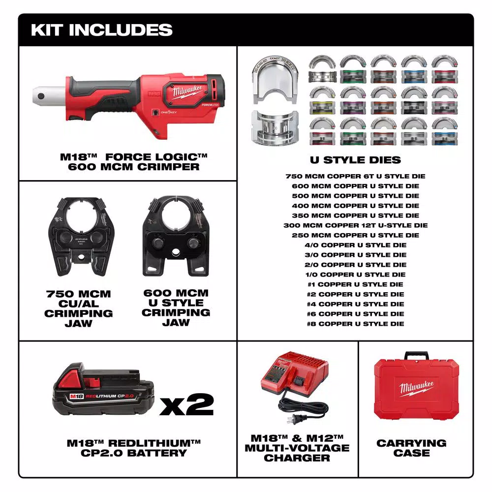 Milwaukee M18 FORCE LOGIC 600 MCM Cordless Crimper Kit with 750 MCM Expanded Jaw