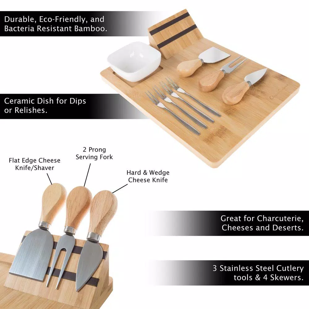 Classic Cuisine 9-Piece Bamboo Cheese Board Set with Stainless Steel Cutlery