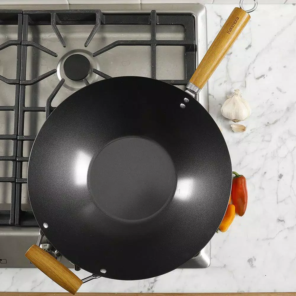 KENMORE 14 in. Carbon Steel Non-Stick Flat Bottom Wok with Wooden Handles