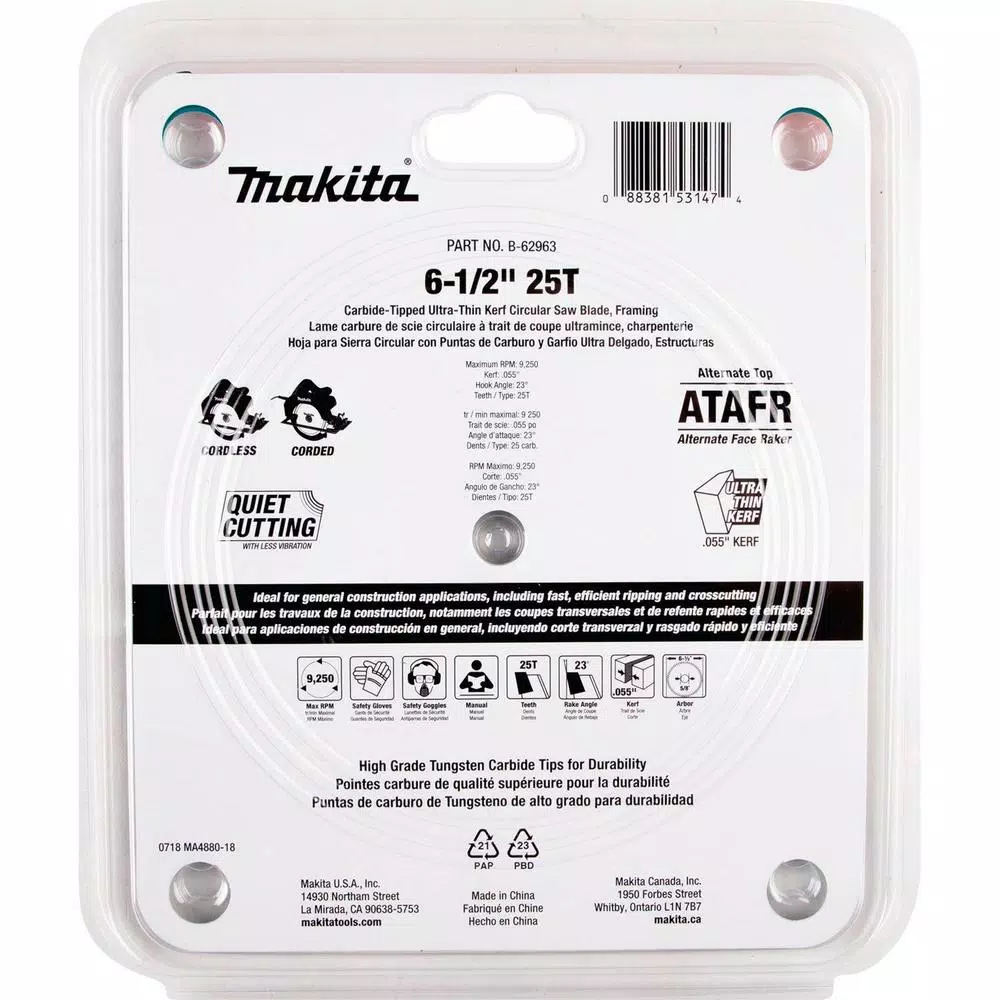 Makita 6-1/2 in. 25T Carbide-Tipped Ultra-Thin Kerf Circular Saw Blade for Cordless Saws