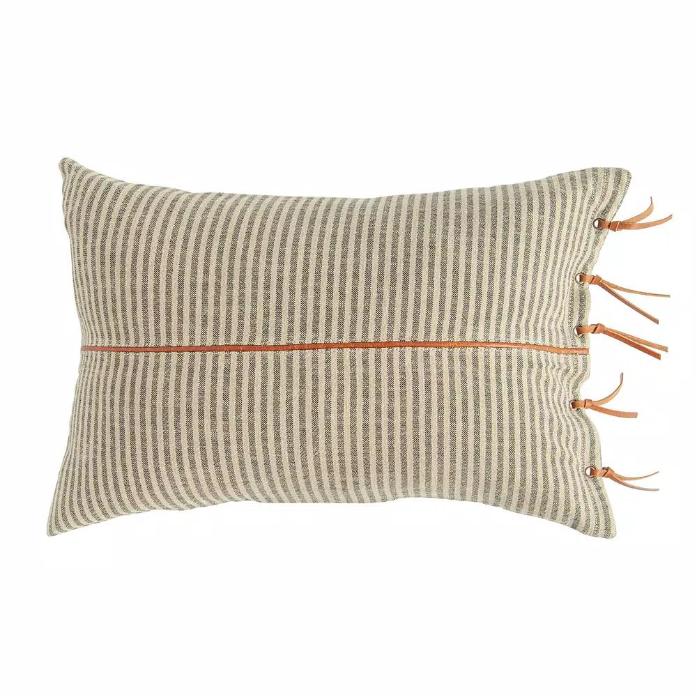 3R Studios Black & Beige Striped Cotton Ticking Lumbar Throw Pillow with Leather Trim, 24 x 16 in.