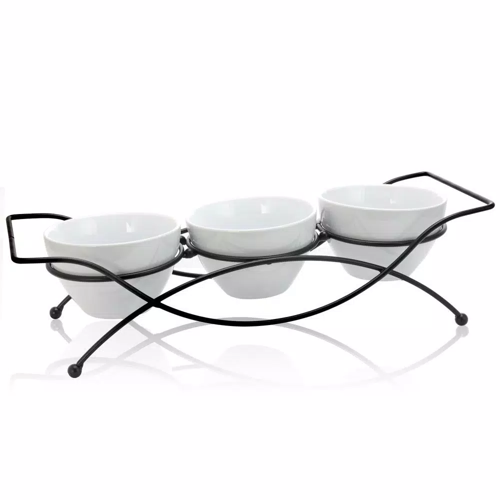 GIBSON elite Splendid Grace White Ceramic Divided Serving Set with Metal Rack (5-Piece)