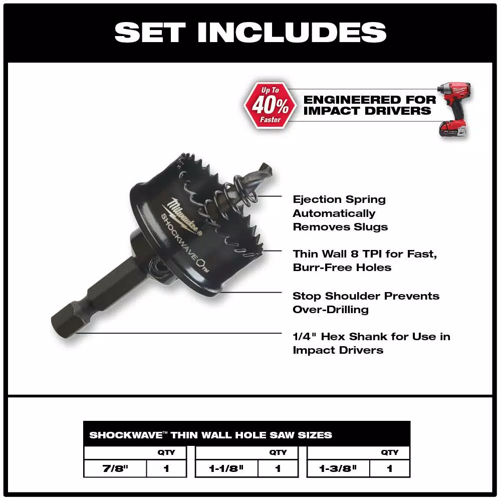 Milwaukee Shockwave Impact Duty Thin Wall Hole Saw Kit, 3-Piece Set