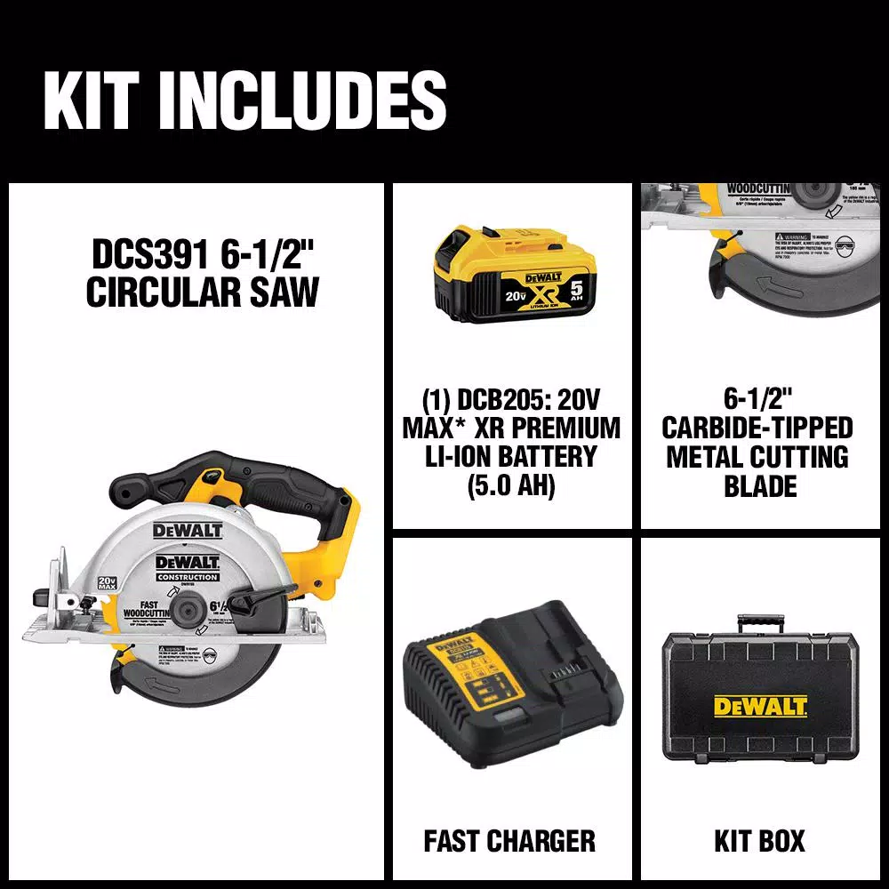 DEWALT DCS391P1 20V MAX Cordless 6-1/2 in. Circular Saw Kit with 5.0 Ah Battery and Charger