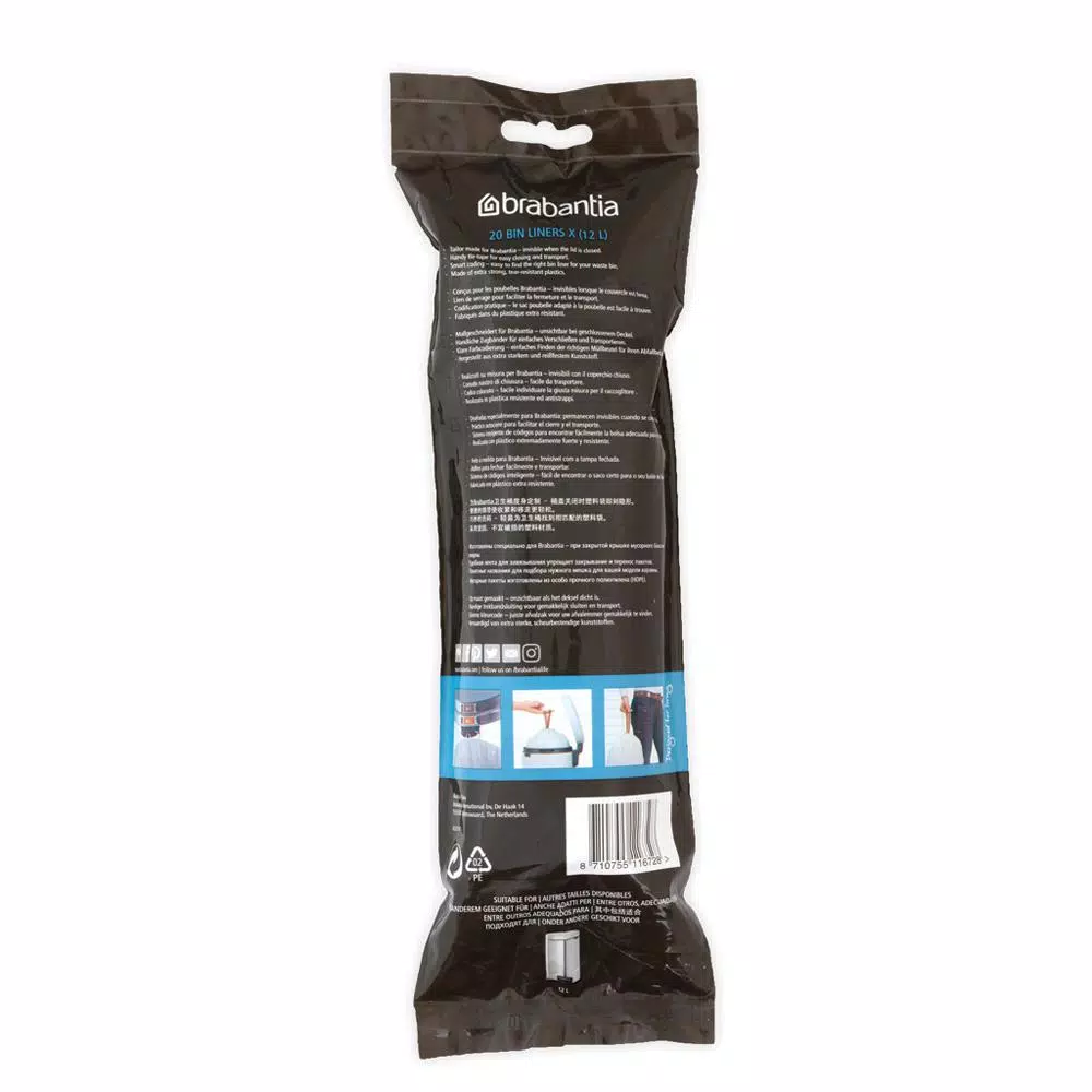 Brabantia Code X Trash Can Liners, 2.6 to 3.2 Gallon (10-12 L), 240 Count (12 Packs of 20)
