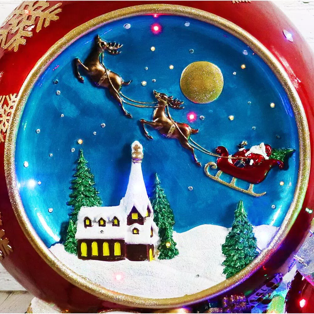 Fraser Hill Farm 34.5 in. Musical Santa and Flying Sleigh Ornament with LED Lights, Red