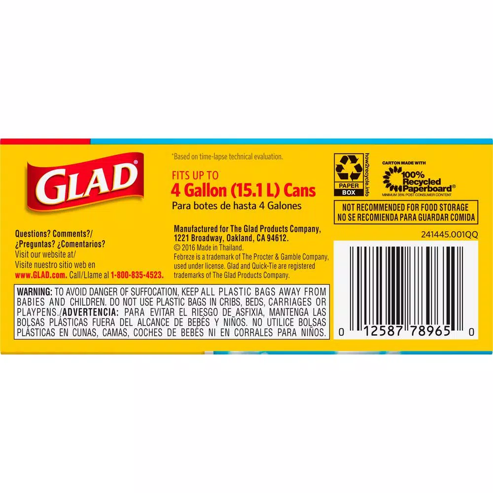 Glad OdorShield Small Trash Bags, 4 Gal, Fresh Clean Scent, Quick-Tie, 26-Count (2-Pack)