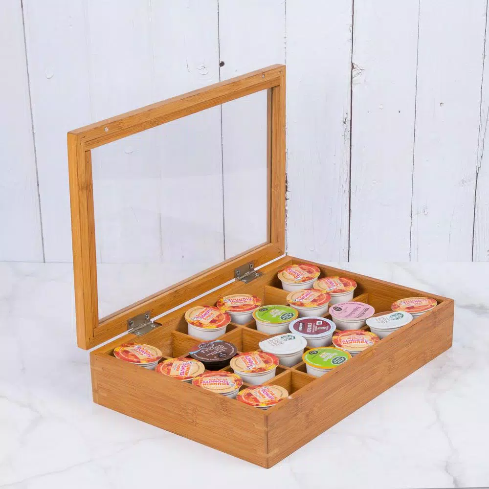 Creative Home Natural Bamboo Single Serve Coffee Pod Holder with Acrylic Cover, Holds 24 Pods
