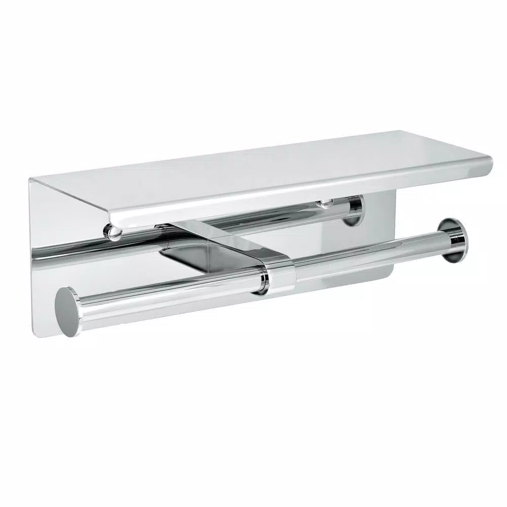Alpine Industries Double Post Toilet Paper Holder with Storage Shelf, Chrome Finish