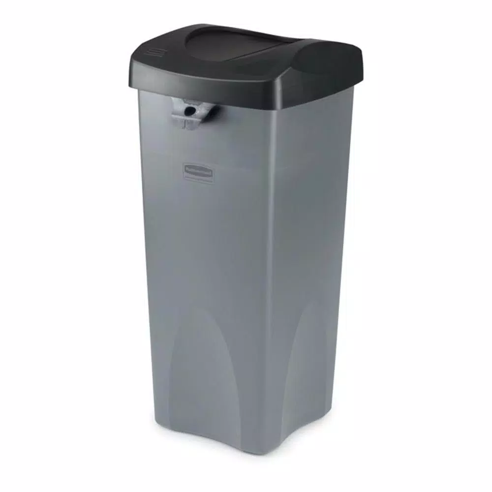 Rubbermaid Commercial Products Untouchable 23 Gal. Black Square Trash Can Swing Top Lid