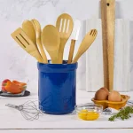 Basic Essentials 8-Piece Dark Blue Ceramic Kitchen Utensil Set with Bamboo Tools and Storage Crock thumbnail 5