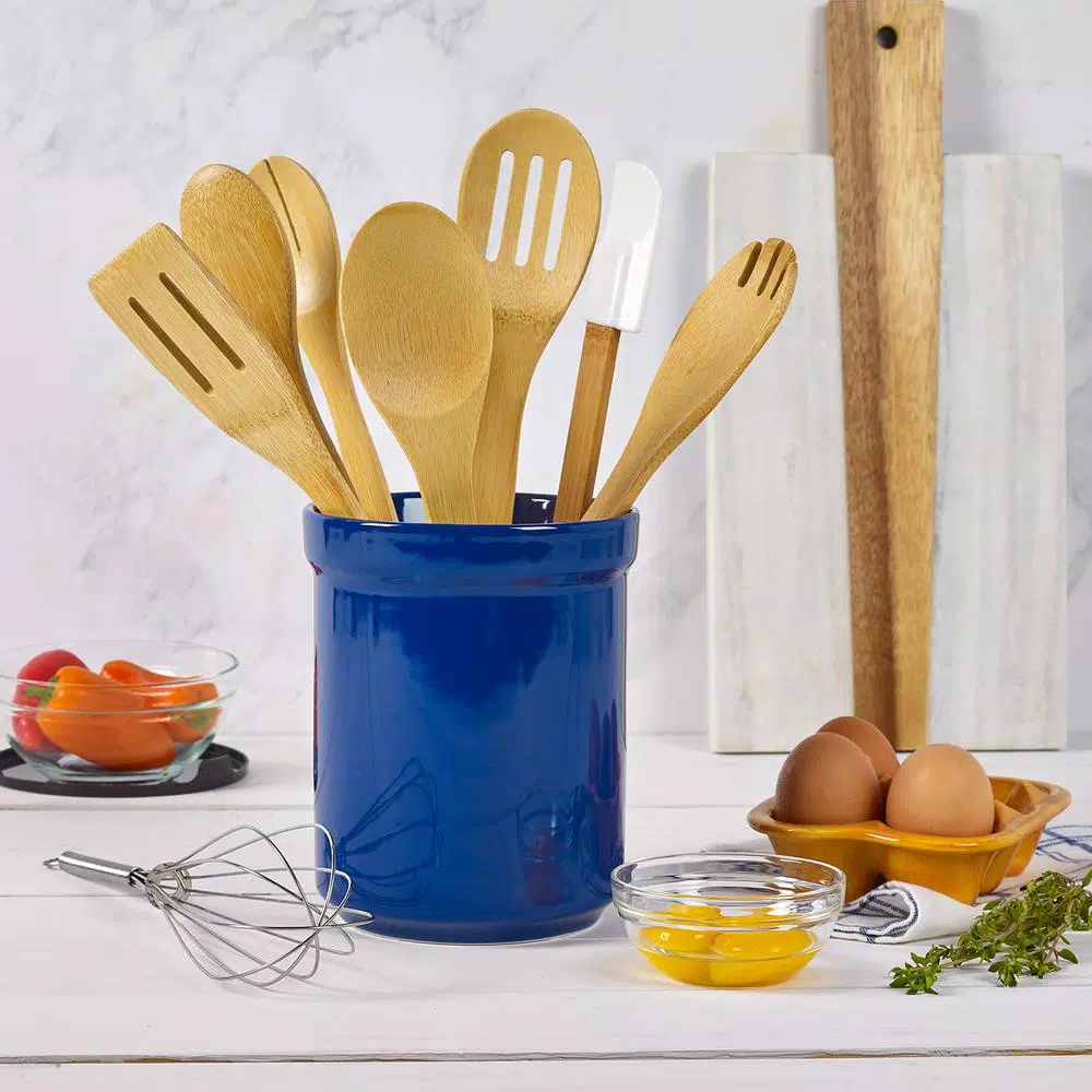 Basic Essentials 8-Piece Dark Blue Ceramic Kitchen Utensil Set with Bamboo Tools and Storage Crock
