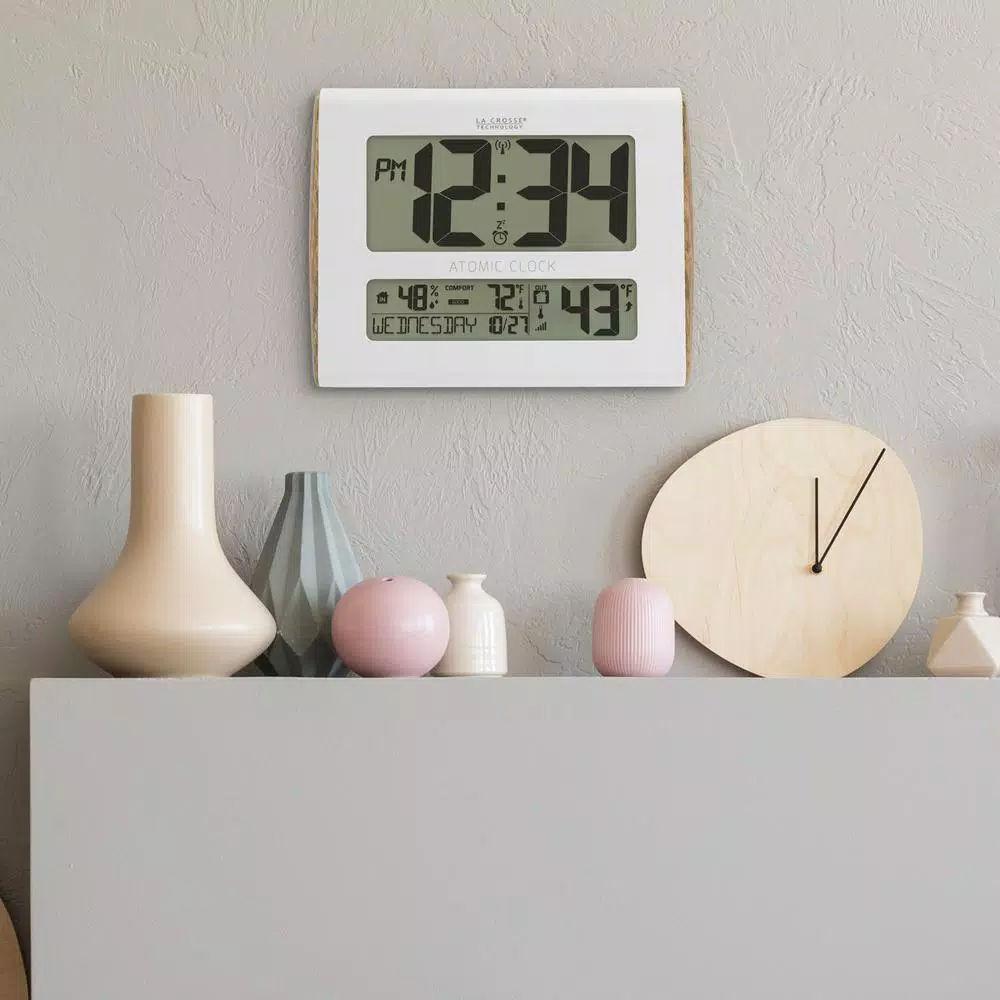 La Crosse Technology Digital Atomic Faux Wood Sided Wall Clock with Indoor/Outdoor Temperature and Humidity