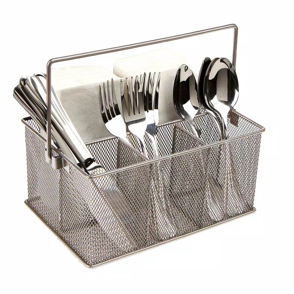 Mind Reader Silver Metal Mesh 4-Compartment Multipurpose Storage Basket and Utensil Holder