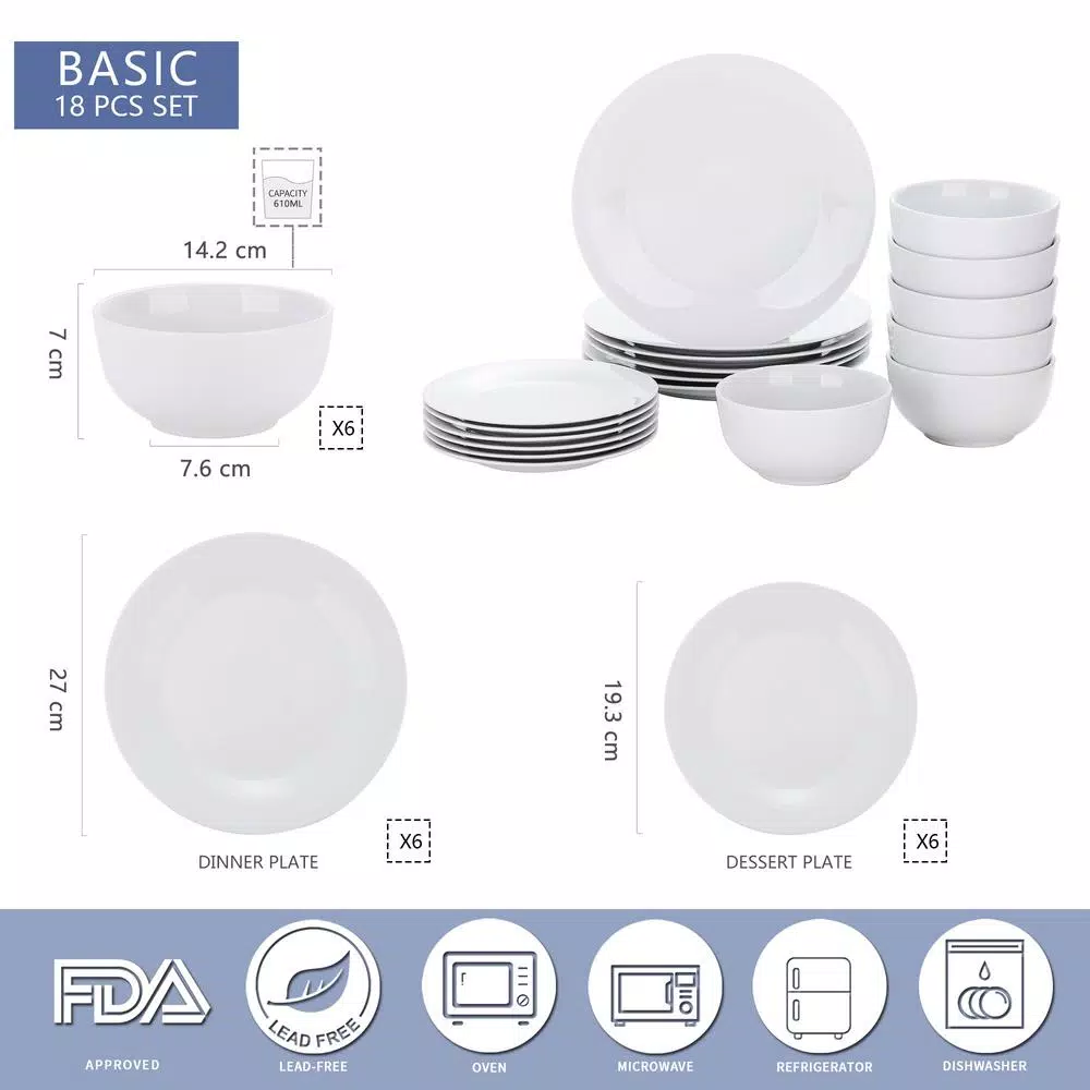 Boyel Living 18-Piece Modern White Porcelain Dinnerware Set, Service for 6