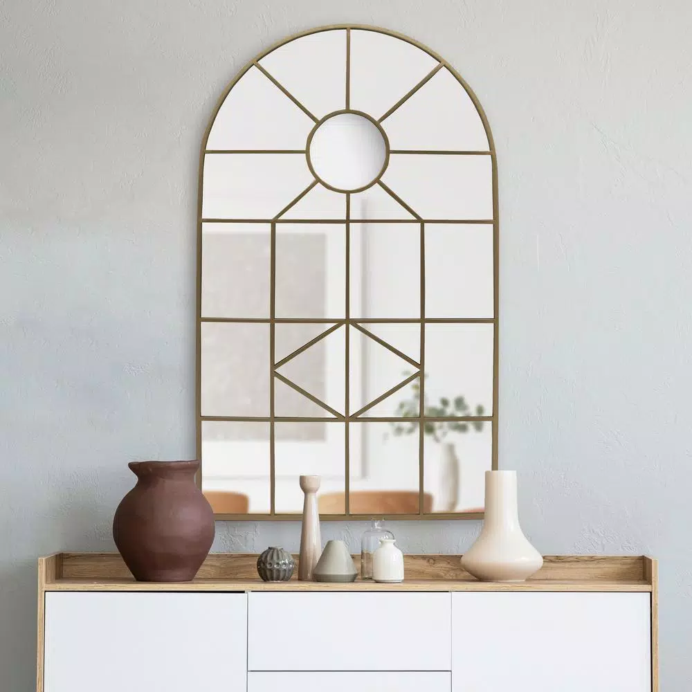 Home Decorators Collection Arched Gold Windowpane Accent Mirror, 24 x 39.3 in.