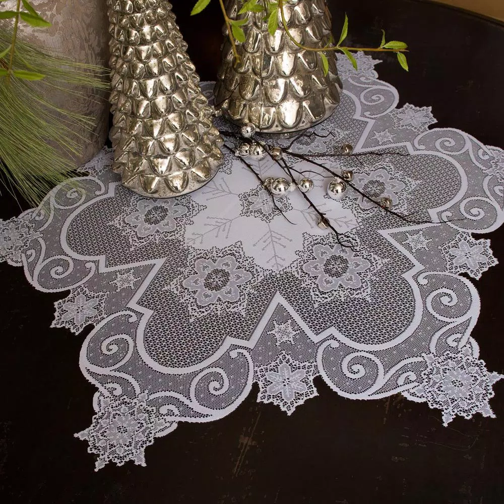 Heritage Lace Snowflake 47 in. White Floral Polyester Round Table Topper