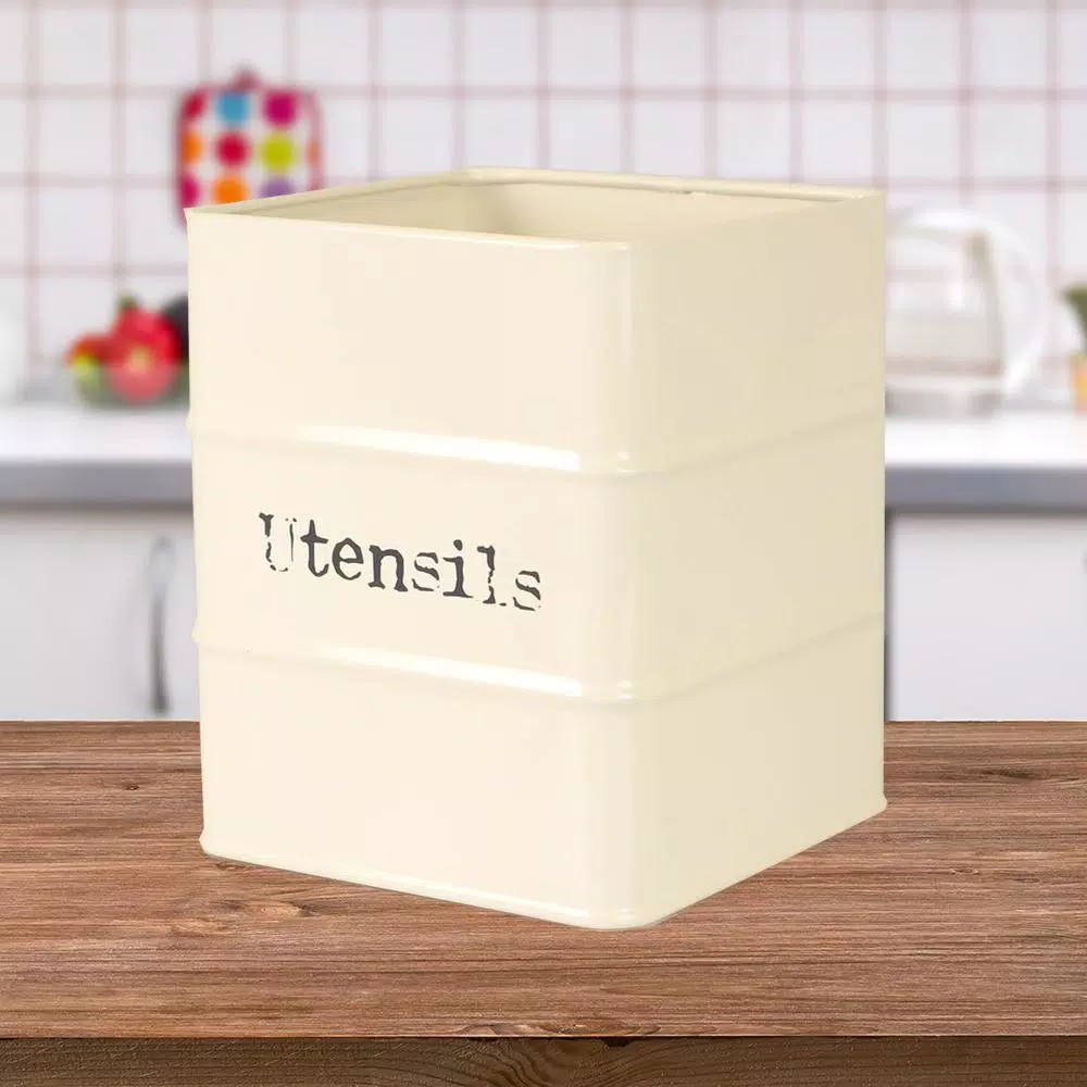 Home Basics Ivory Tin Utensil Holder with Distressed Vintage Design