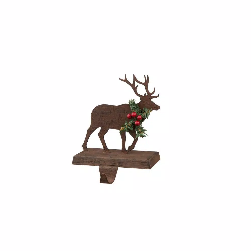 Glitzhome 6.50 in. Reindeer Stocking Holder with Green Garlands and Red Berries, Wooden and Metal