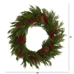 Nearly Natural 32 in. Artificial Cypress Wreath with Red Holly Berries and Pine Cones thumbnail 2