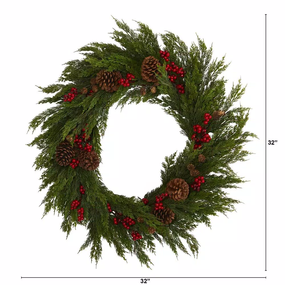 Nearly Natural 32 in. Artificial Cypress Wreath with Red Holly Berries and Pine Cones