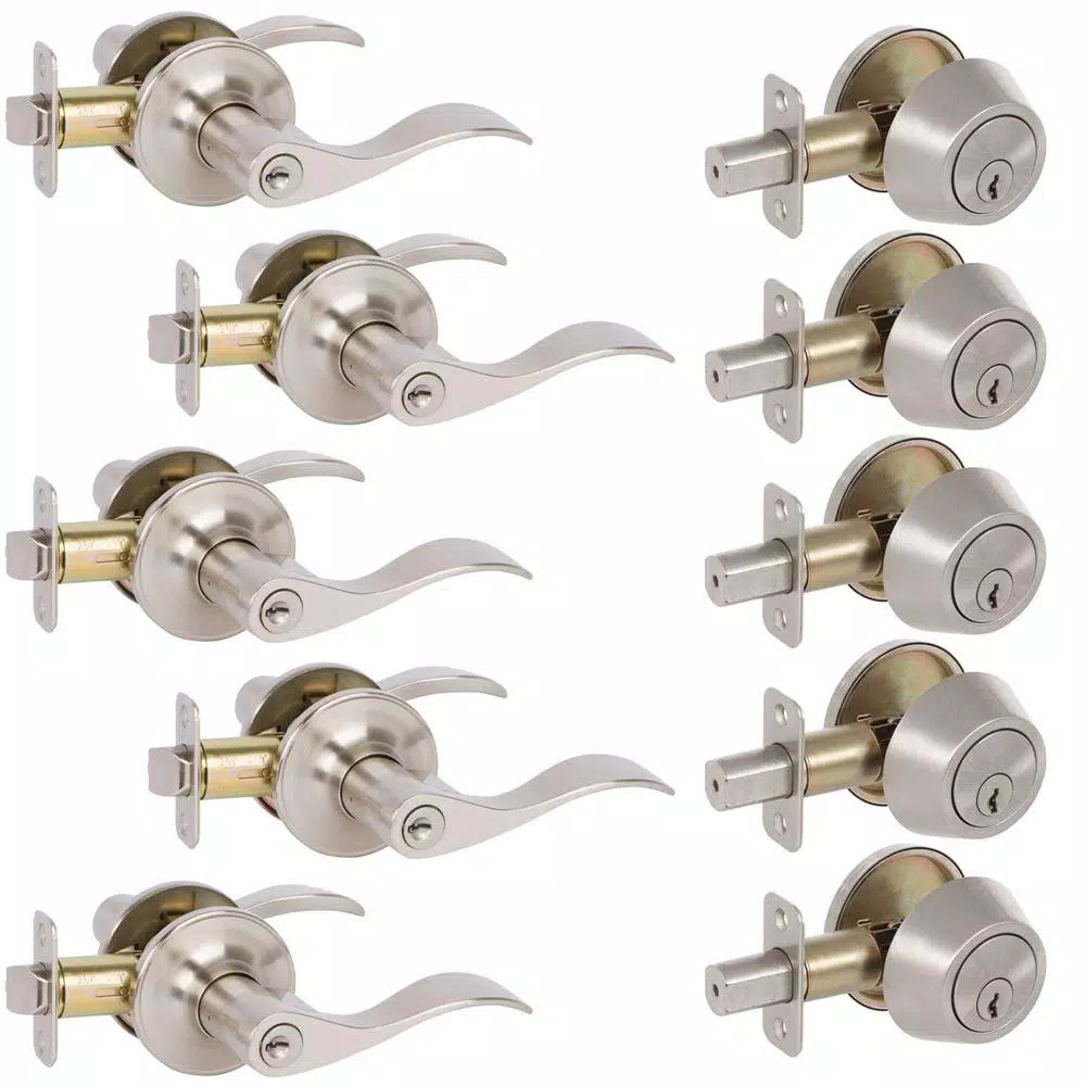 Delaney Hardware Callan Bennett Satin Nickel Entry Door Lever and Single Cylinder Deadbolt Combo Pack, 10-Piece Keyed Alike Set