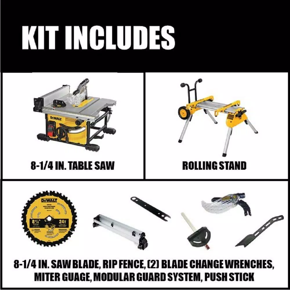 DEWALT 15 Amp 8-1/4 in. Compact Corded Jobsite Table Saw with Heavy-Duty Rolling Stand