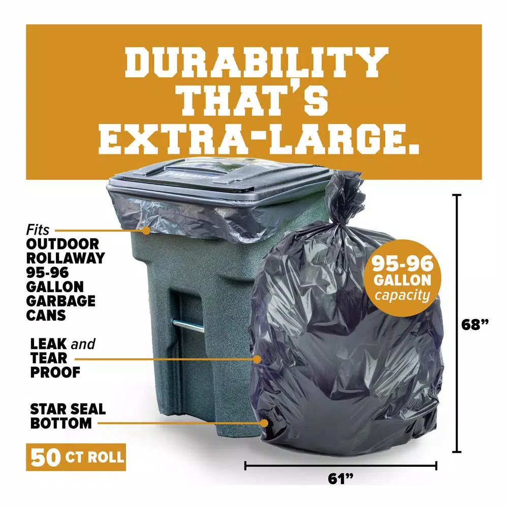 Plasticplace 96 Gallon Black Heavy Duty Trash Bags, 1.2 Mil Thickness, 61 x 68 in., 50 Count Case