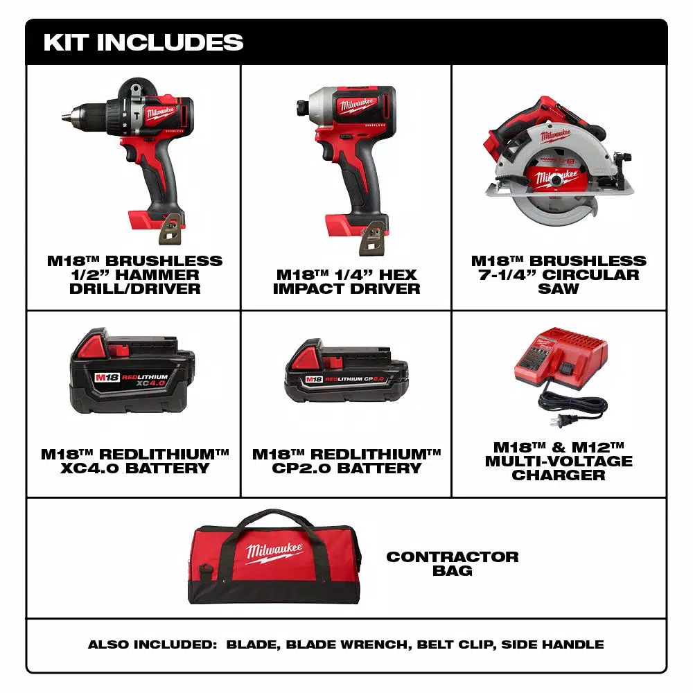Milwaukee M18 18V Brushless 3-Tool Combo Kit with 2 Batteries and Charger