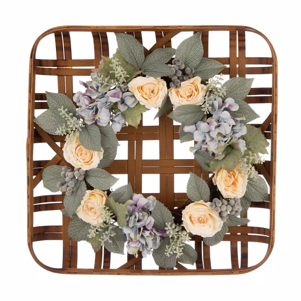 Glitzhome 22 in. Hydrangea Rose Wreath with 24 in. Bamboo Tobacco Basket Set