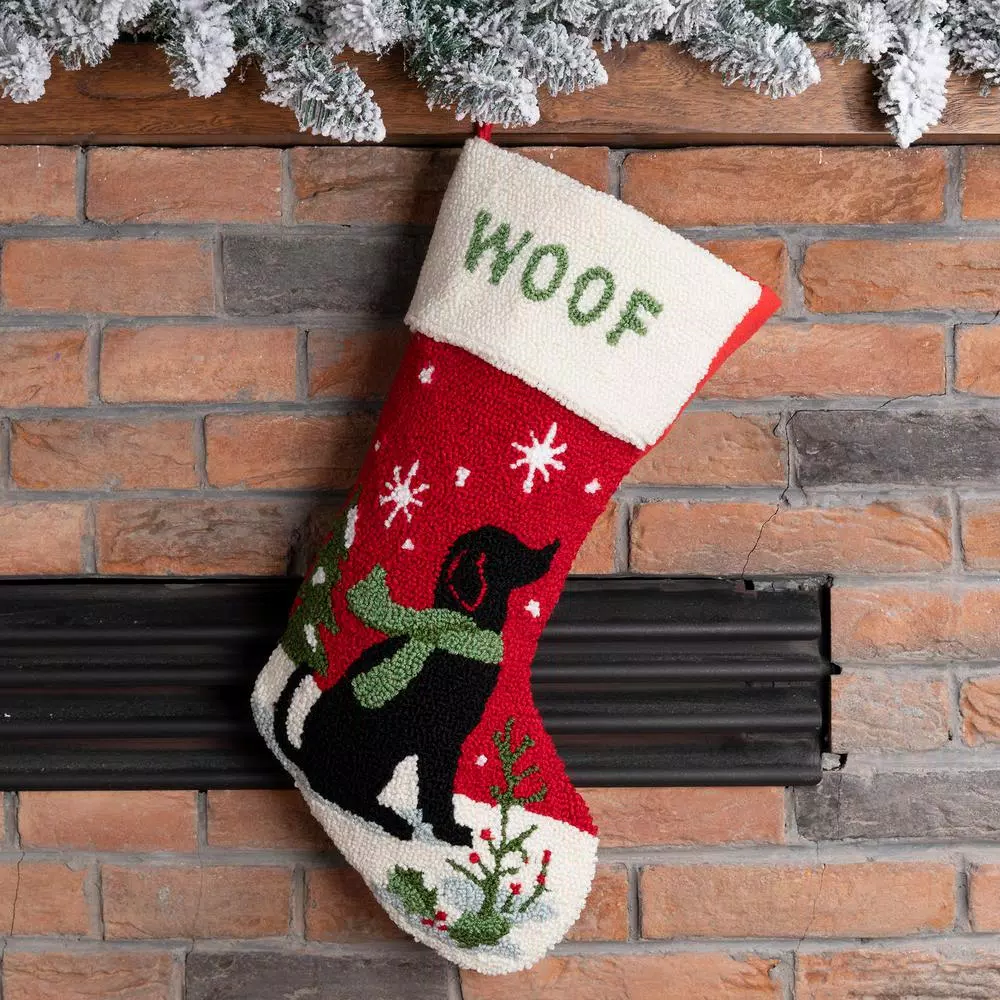 Glitzhome 20 in. Hooked Dog Design Christmas Stocking, Handmade Acrylic Yarn Holiday Decor