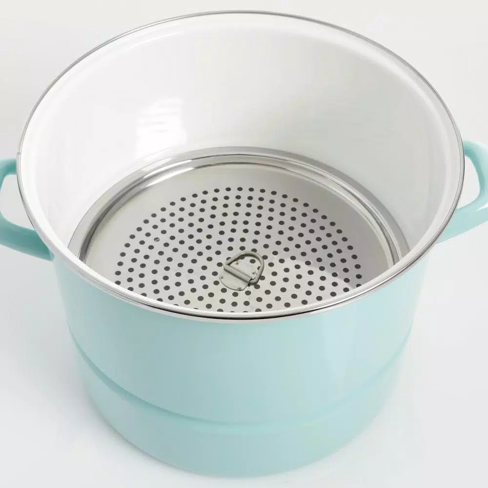 Kenmore 16-Quart Steel Stock Pot Set with Steamer Insert and Glass Lid, Broadway Blue