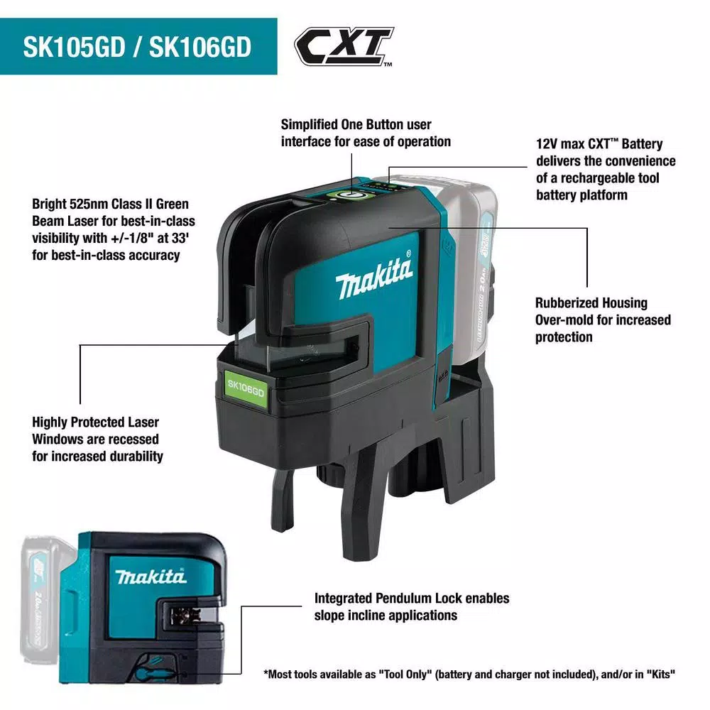Makita 12V MAX CXT Self-Leveling Green Cross-Line Laser Kit (2.0 Ah)